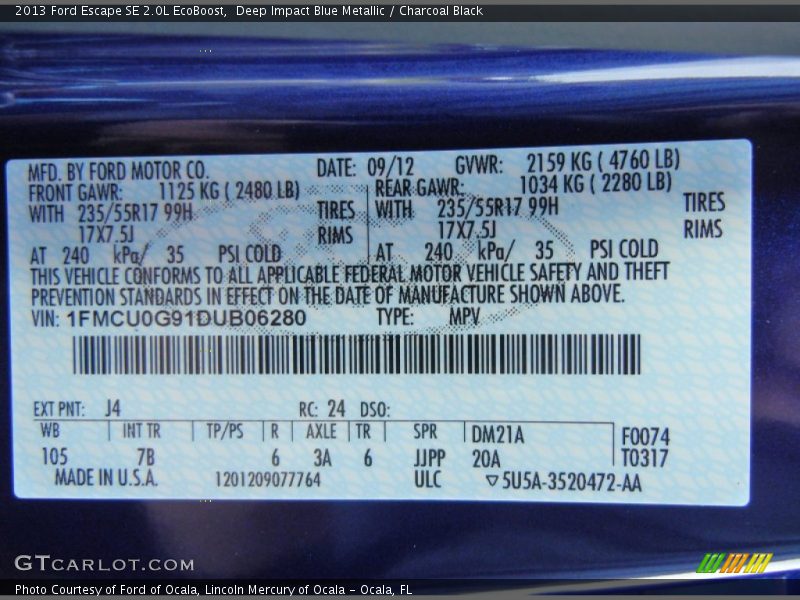 2013 Escape SE 2.0L EcoBoost Deep Impact Blue Metallic Color Code J4