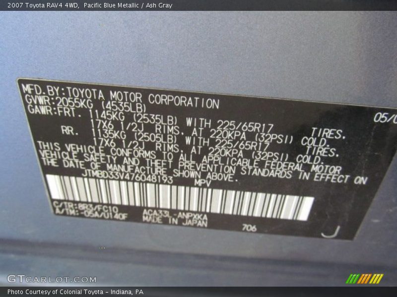 Pacific Blue Metallic / Ash Gray 2007 Toyota RAV4 4WD