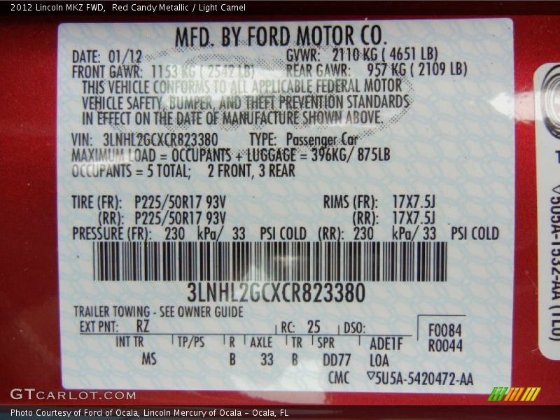 2012 MKZ FWD Red Candy Metallic Color Code RZ
