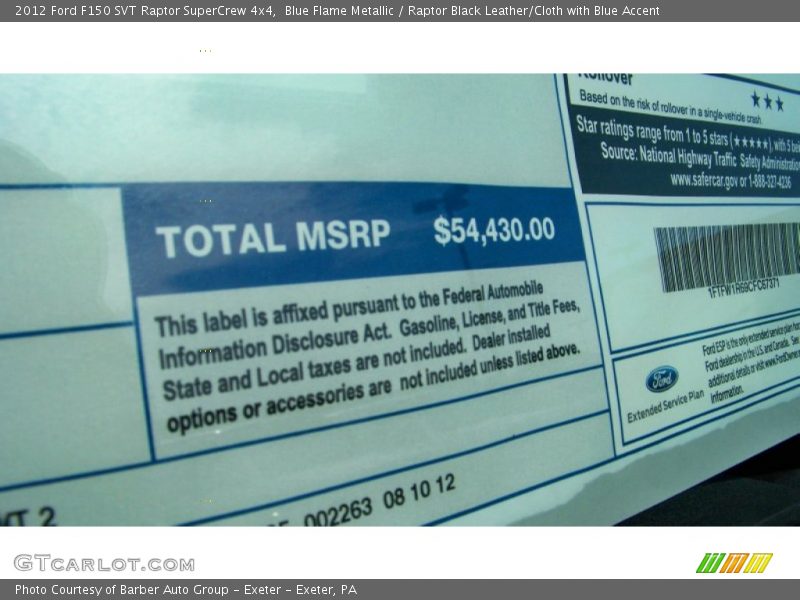 Blue Flame Metallic / Raptor Black Leather/Cloth with Blue Accent 2012 Ford F150 SVT Raptor SuperCrew 4x4