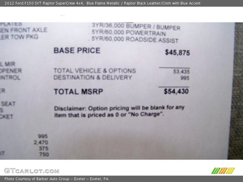  2012 F150 SVT Raptor SuperCrew 4x4 Window Sticker