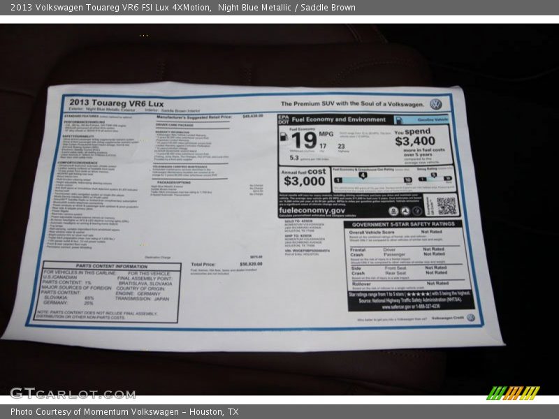 Night Blue Metallic / Saddle Brown 2013 Volkswagen Touareg VR6 FSI Lux 4XMotion