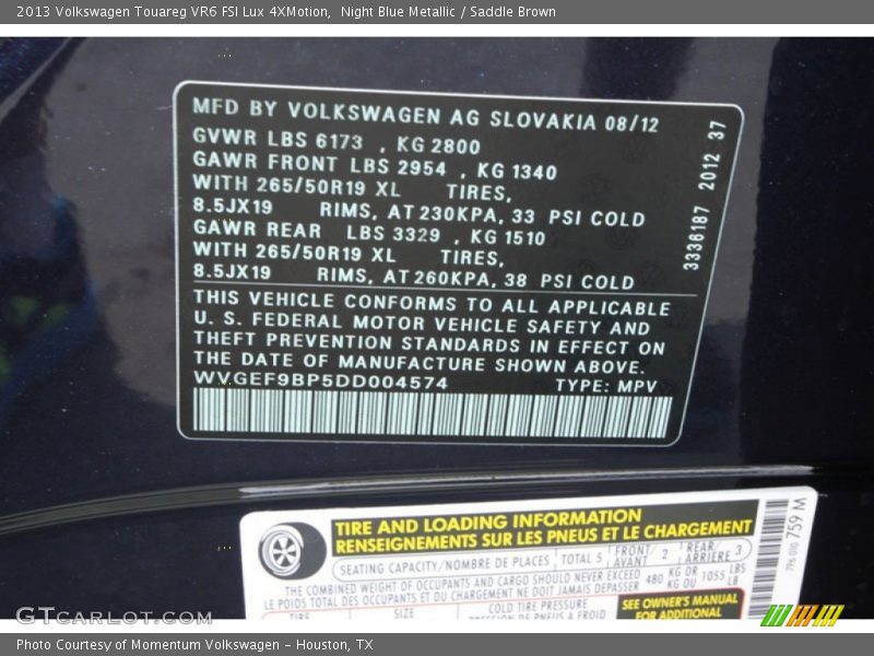 Night Blue Metallic / Saddle Brown 2013 Volkswagen Touareg VR6 FSI Lux 4XMotion