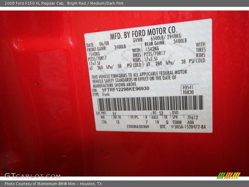 Bright Red / Medium/Dark Flint 2008 Ford F150 XL Regular Cab