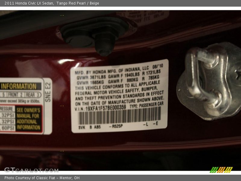 Tango Red Pearl / Beige 2011 Honda Civic LX Sedan