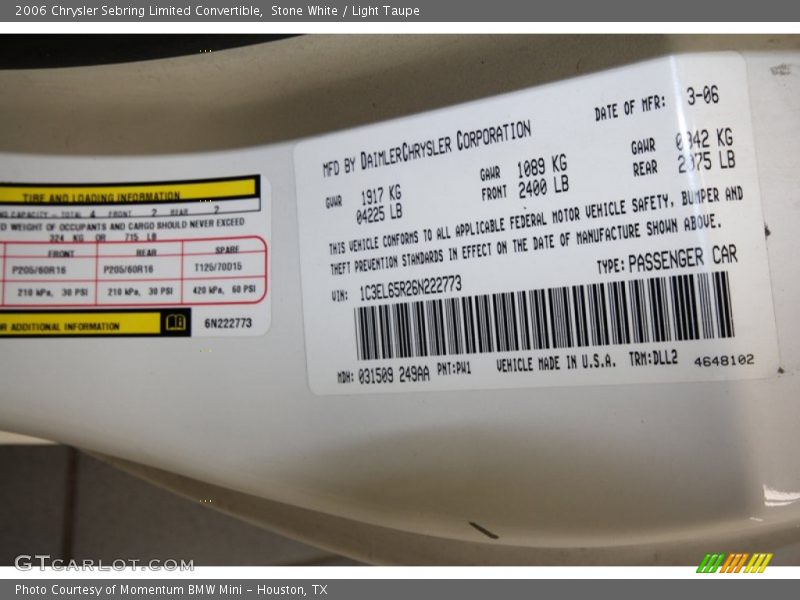 2006 Sebring Limited Convertible Stone White Color Code PW1