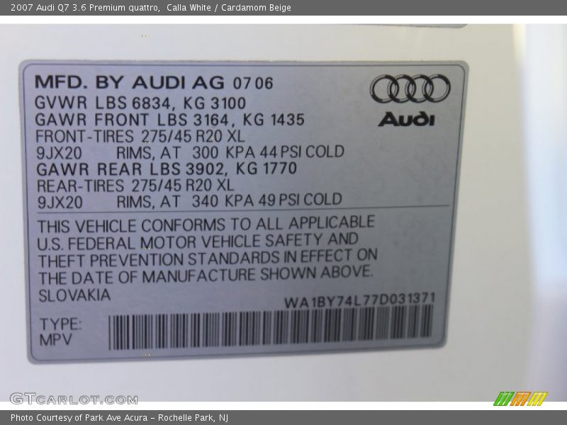 Calla White / Cardamom Beige 2007 Audi Q7 3.6 Premium quattro
