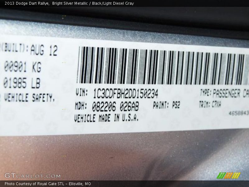 Bright Silver Metallic / Black/Light Diesel Gray 2013 Dodge Dart Rallye