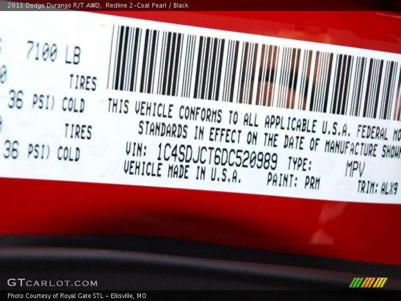 2013 Durango R/T AWD Redline 2-Coat Pearl Color Code PRM