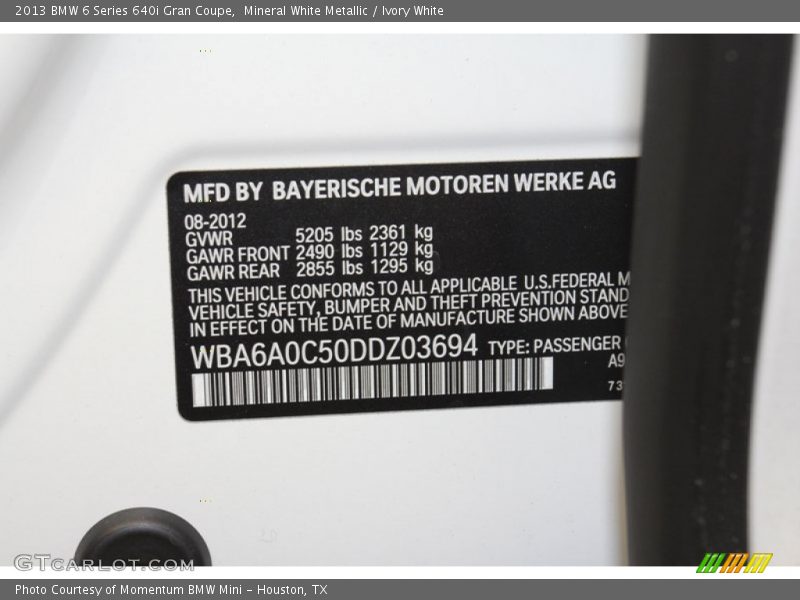 Info Tag of 2013 6 Series 640i Gran Coupe