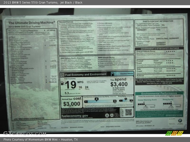  2013 5 Series 550i Gran Turismo Window Sticker
