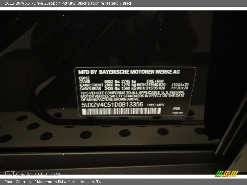 2013 X5 xDrive 35i Sport Activity Black Sapphire Metallic Color Code 475