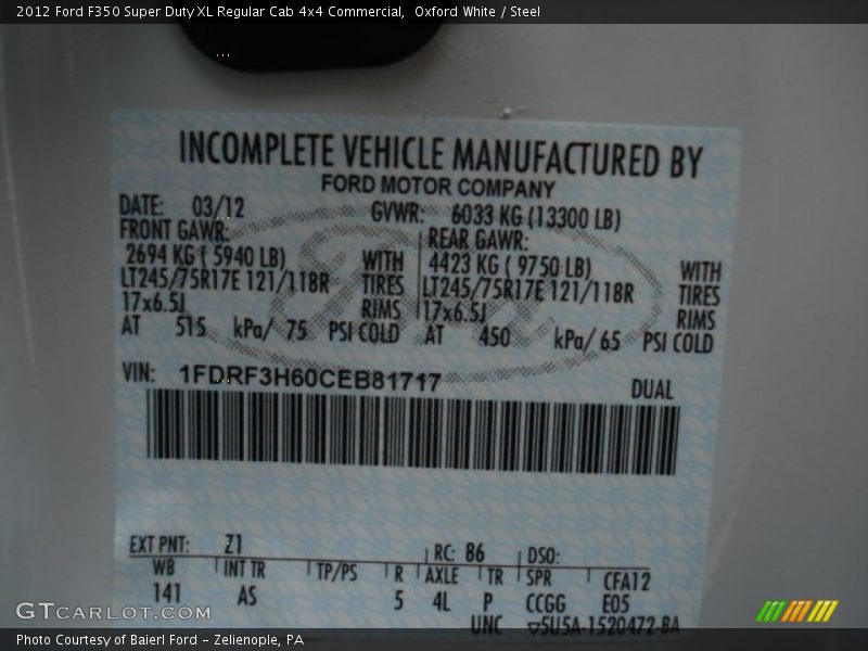 2012 F350 Super Duty XL Regular Cab 4x4 Commercial Oxford White Color Code Z1