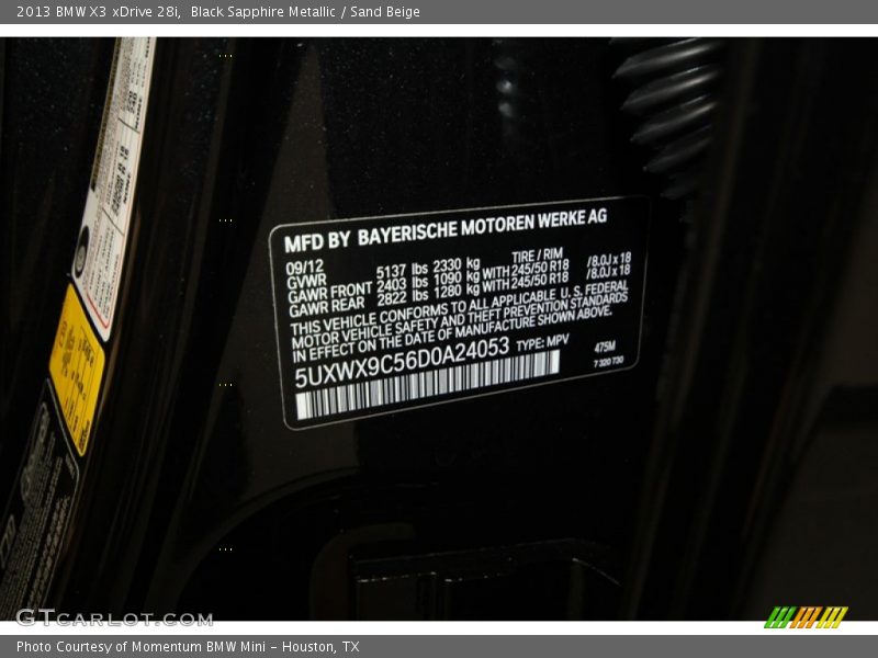 2013 X3 xDrive 28i Black Sapphire Metallic Color Code 475