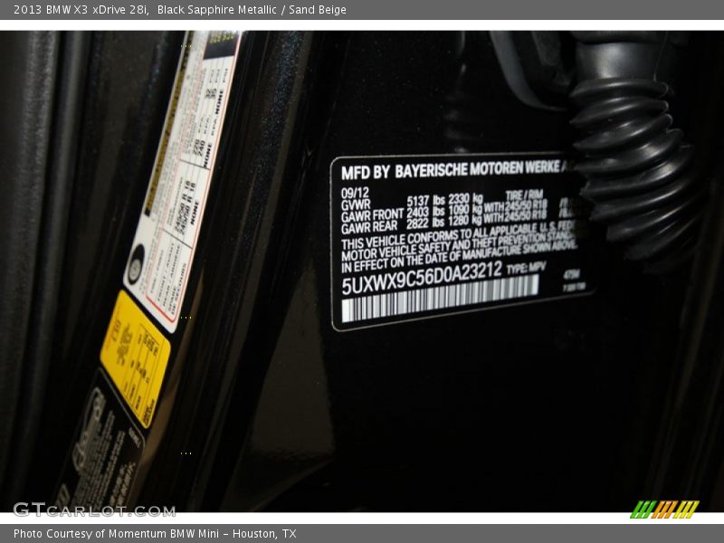 2013 X3 xDrive 28i Black Sapphire Metallic Color Code 475