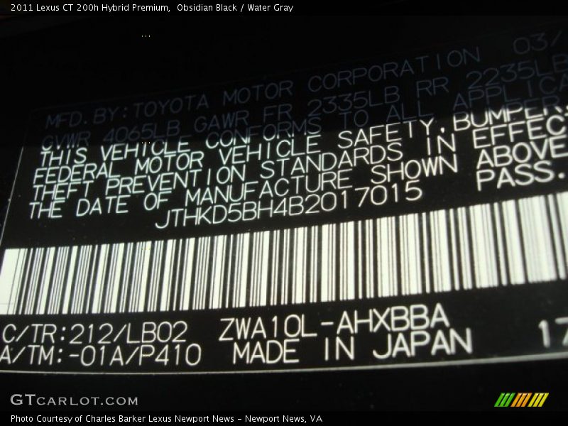 Obsidian Black / Water Gray 2011 Lexus CT 200h Hybrid Premium