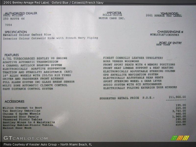  2001 Arnage Red Label Window Sticker