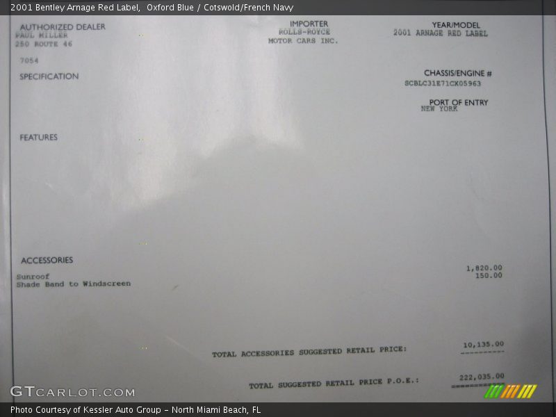  2001 Arnage Red Label Window Sticker