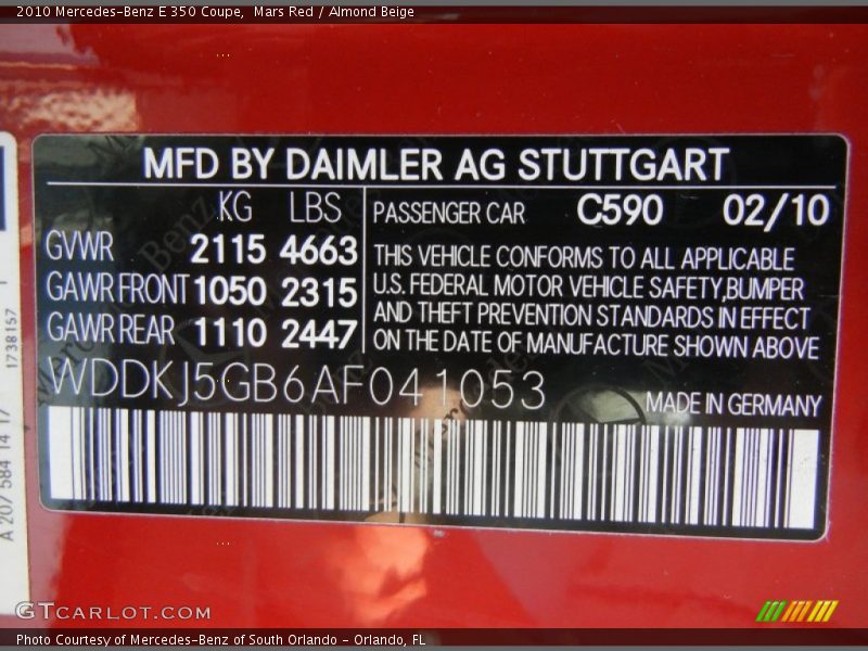 2010 E 350 Coupe Mars Red Color Code 590
