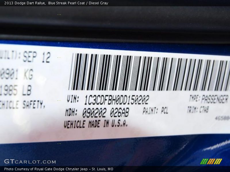 Blue Streak Pearl Coat / Diesel Gray 2013 Dodge Dart Rallye