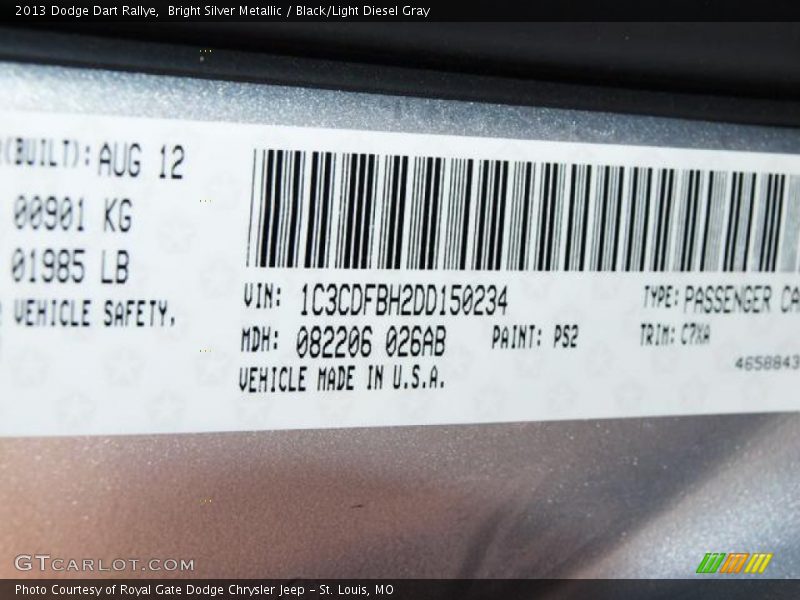 Bright Silver Metallic / Black/Light Diesel Gray 2013 Dodge Dart Rallye