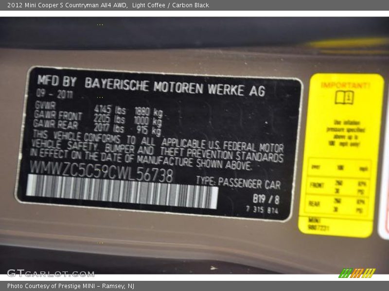 2012 Cooper S Countryman All4 AWD Light Coffee Color Code B19