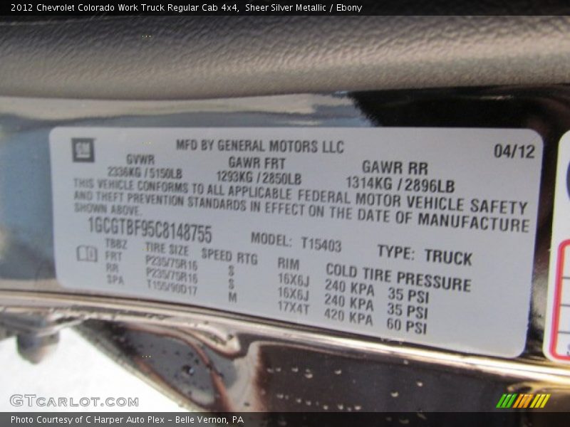 Sheer Silver Metallic / Ebony 2012 Chevrolet Colorado Work Truck Regular Cab 4x4
