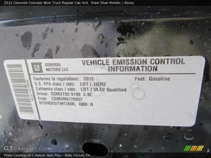 Info Tag of 2012 Colorado Work Truck Regular Cab 4x4