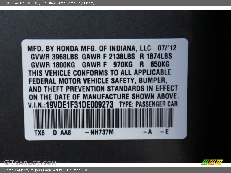 2013 ILX 2.0L Polished Metal Metallic Color Code NH737M