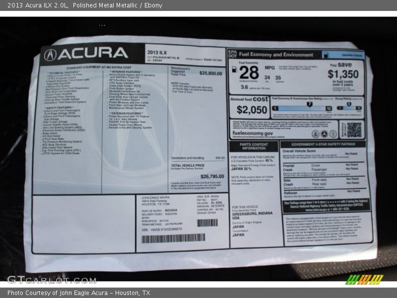  2013 ILX 2.0L Window Sticker