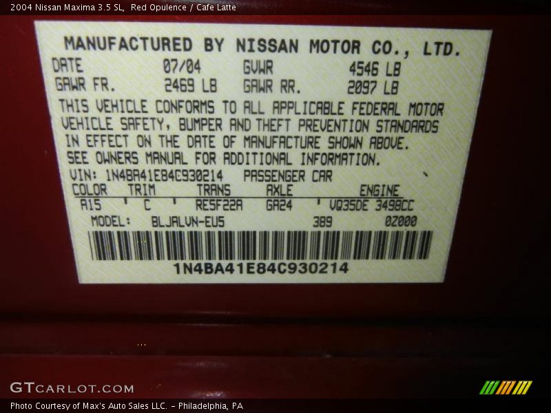Red Opulence / Cafe Latte 2004 Nissan Maxima 3.5 SL