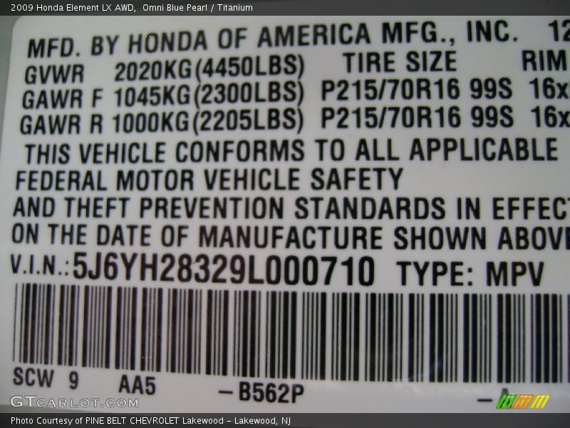 2009 Element LX AWD Omni Blue Pearl Color Code B562P