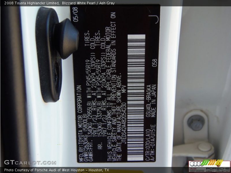 Blizzard White Pearl / Ash Gray 2008 Toyota Highlander Limited
