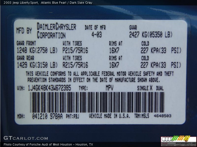Atlantic Blue Pearl / Dark Slate Gray 2003 Jeep Liberty Sport