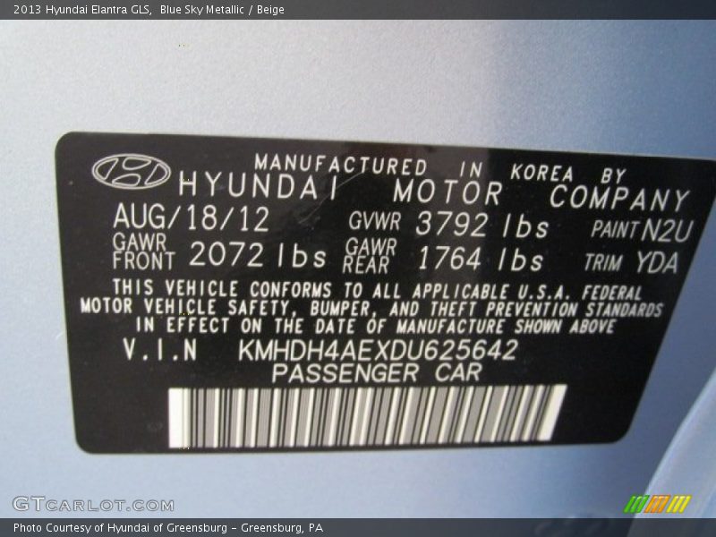 Blue Sky Metallic / Beige 2013 Hyundai Elantra GLS