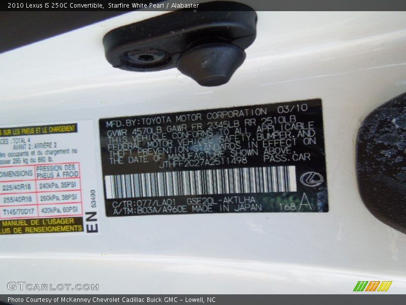 Starfire White Pearl / Alabaster 2010 Lexus IS 250C Convertible