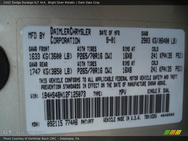 Bright Silver Metallic / Dark Slate Gray 2002 Dodge Durango SLT 4x4