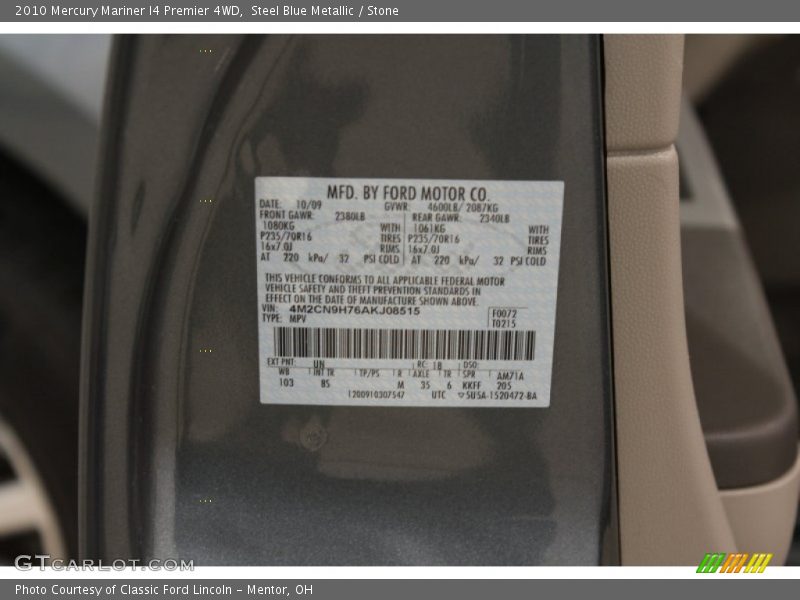 2010 Mariner I4 Premier 4WD Steel Blue Metallic Color Code UN