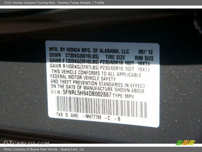 2013 Odyssey Touring Elite Smokey Topaz Metallic Color Code NH777M