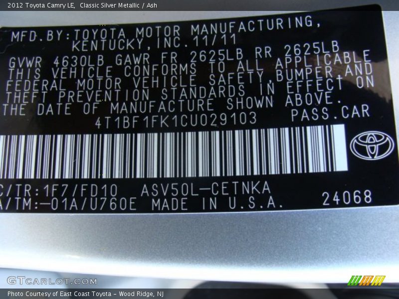 Classic Silver Metallic / Ash 2012 Toyota Camry LE
