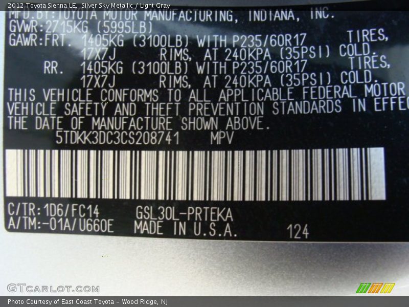 Silver Sky Metallic / Light Gray 2012 Toyota Sienna LE