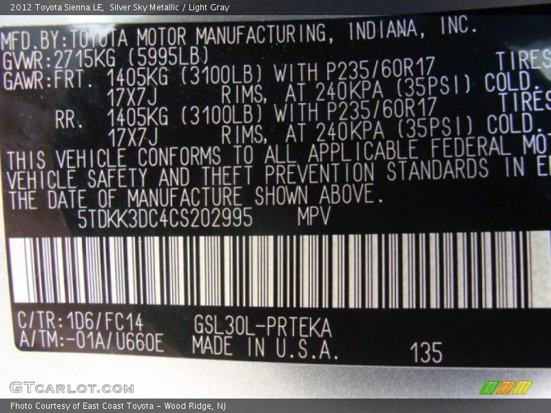 Silver Sky Metallic / Light Gray 2012 Toyota Sienna LE