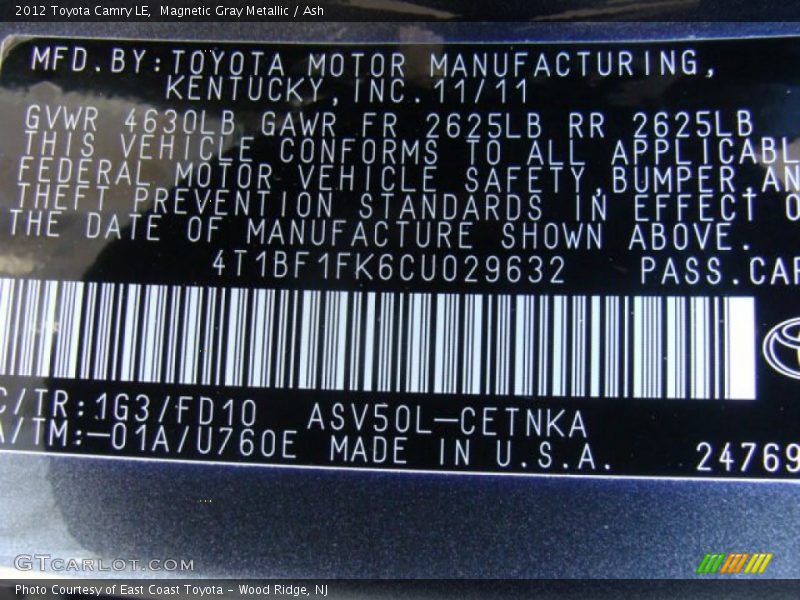 Magnetic Gray Metallic / Ash 2012 Toyota Camry LE