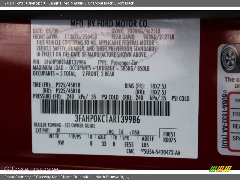Sangria Red Metallic / Charcoal Black/Sport Black 2010 Ford Fusion Sport