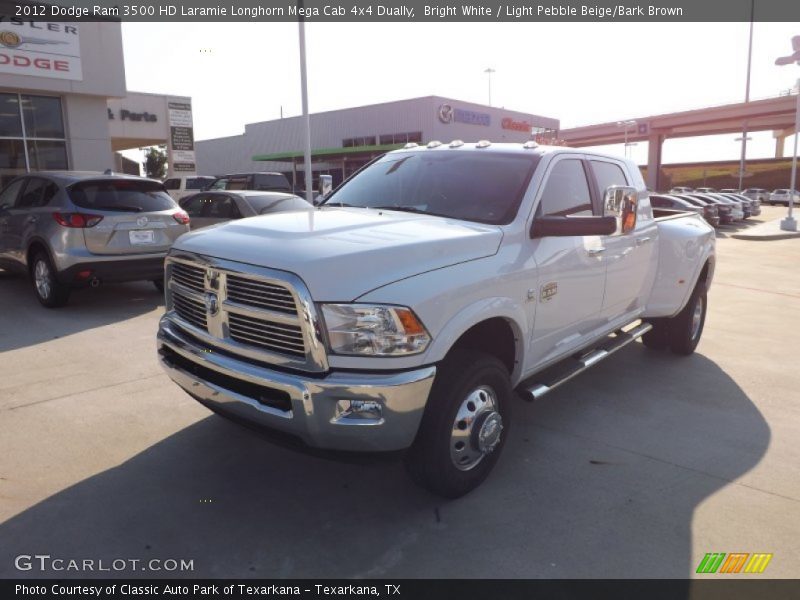 Bright White / Light Pebble Beige/Bark Brown 2012 Dodge Ram 3500 HD Laramie Longhorn Mega Cab 4x4 Dually