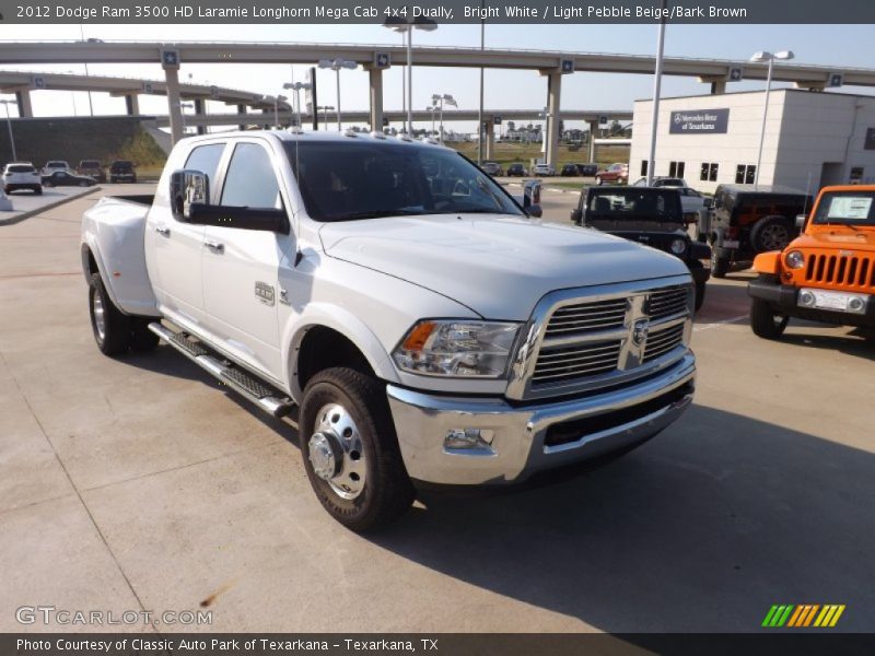Bright White / Light Pebble Beige/Bark Brown 2012 Dodge Ram 3500 HD Laramie Longhorn Mega Cab 4x4 Dually