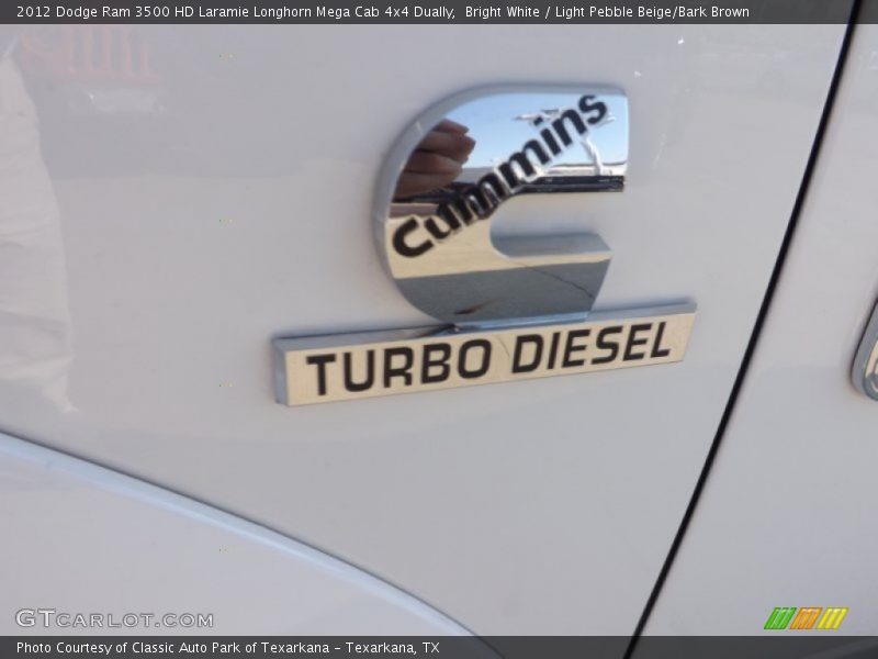 Bright White / Light Pebble Beige/Bark Brown 2012 Dodge Ram 3500 HD Laramie Longhorn Mega Cab 4x4 Dually