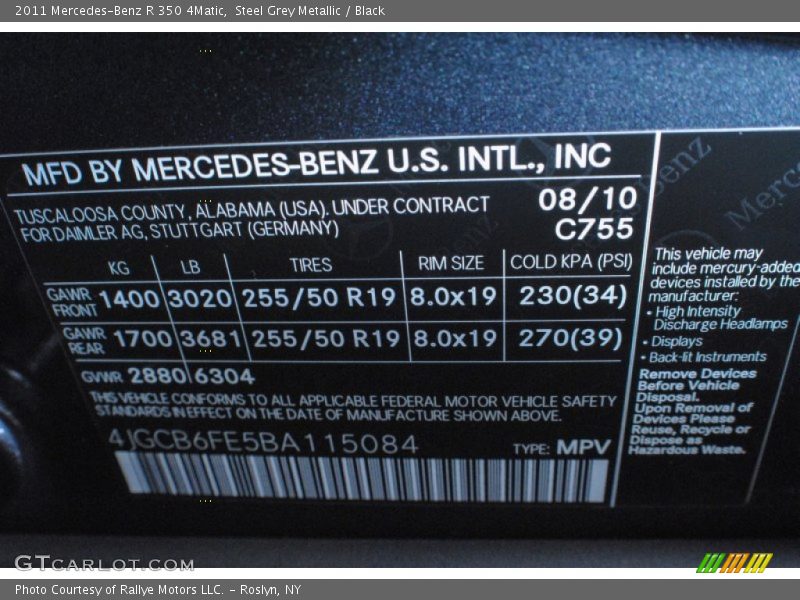 Steel Grey Metallic / Black 2011 Mercedes-Benz R 350 4Matic