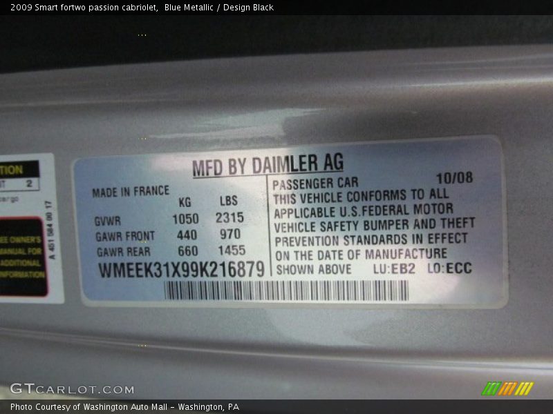 Blue Metallic / Design Black 2009 Smart fortwo passion cabriolet