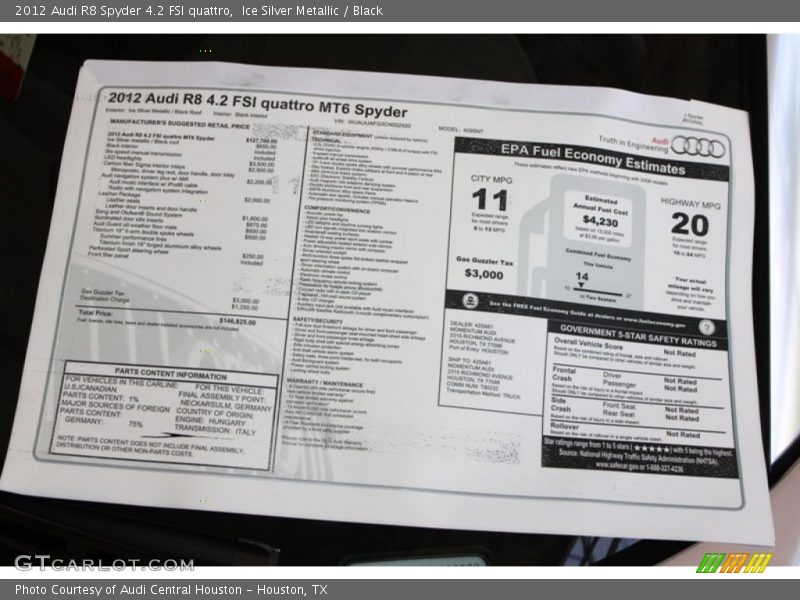  2012 R8 Spyder 4.2 FSI quattro Window Sticker